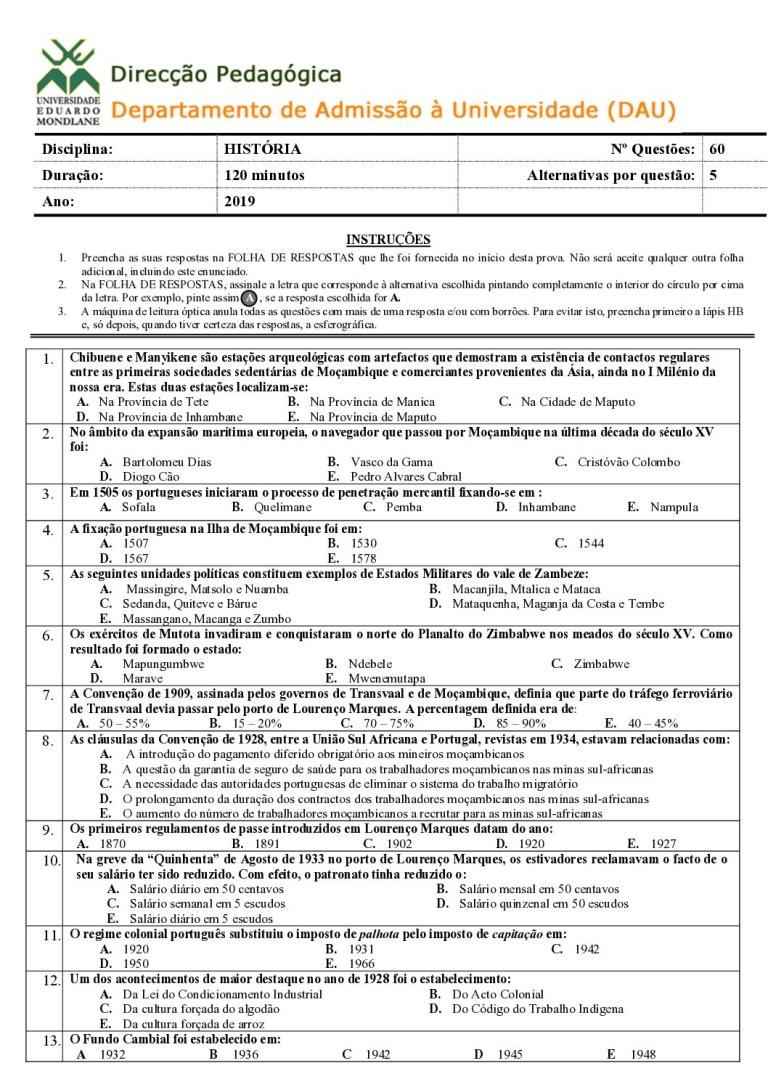 História UEM 2019 (Enunciado)