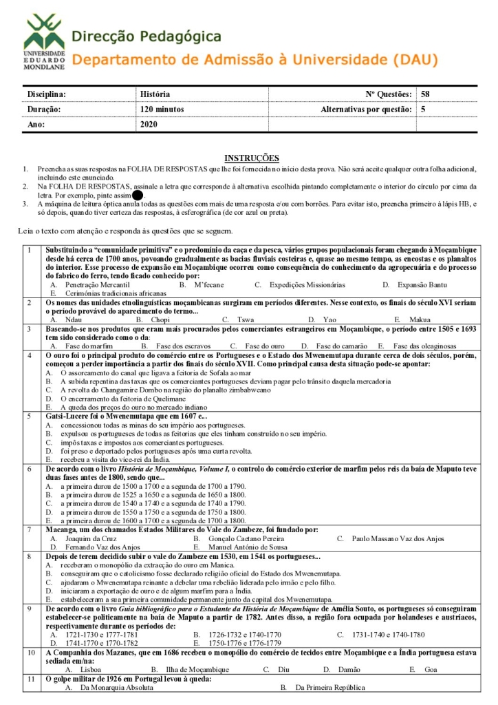 Capa de História UEM 2020 (Enunciado)