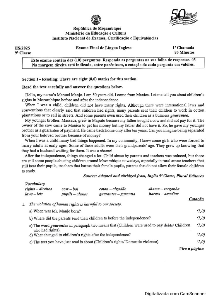Capa de Inglês 9ª Classe 2025 – 1ª Chamada