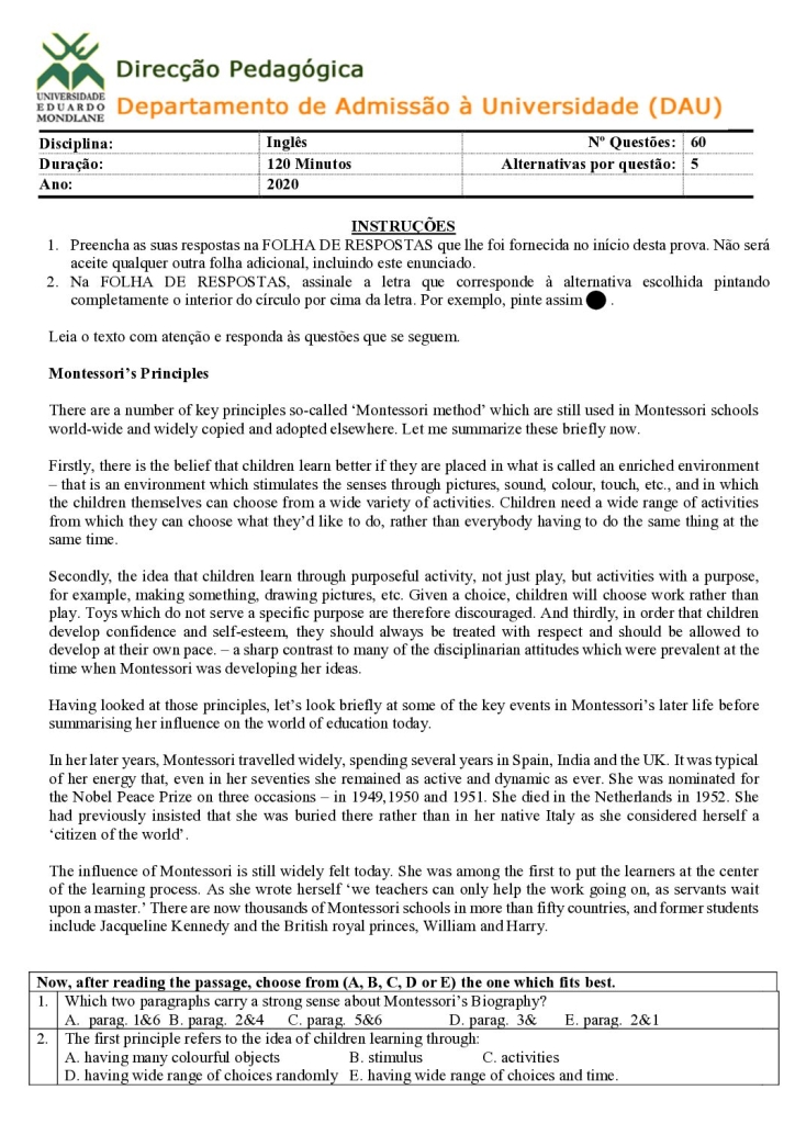 Capa de Inglês UEM 2020 (Enunciado)