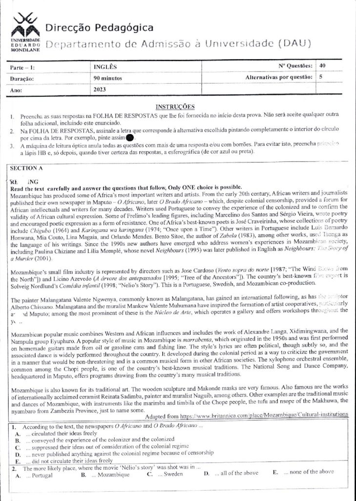 Capa de Inglês UEM 2023 (Enunciado)