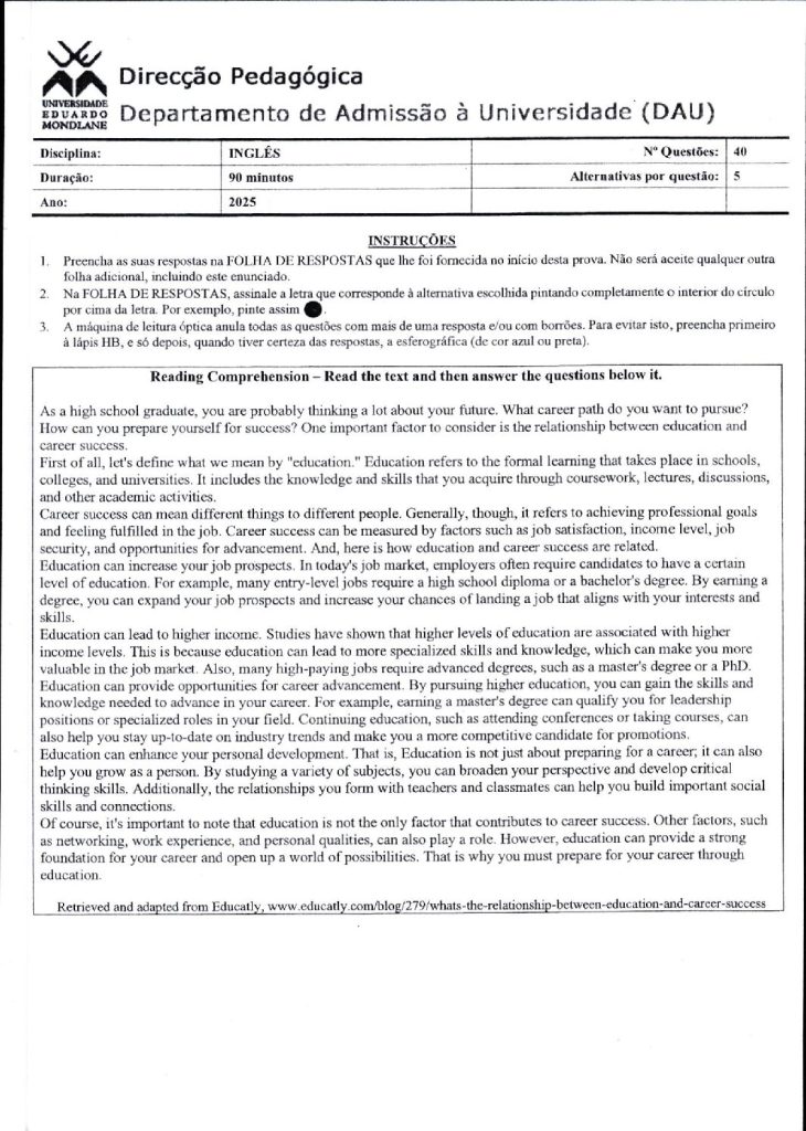 Capa de Inglês UEM 2025 (Enunciado)