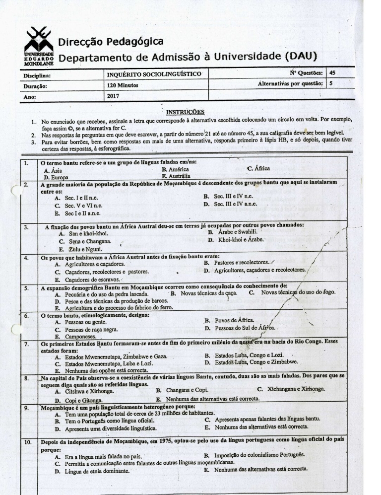 Inquérito Sociolinguístico UEM 2017 (Enunciado)