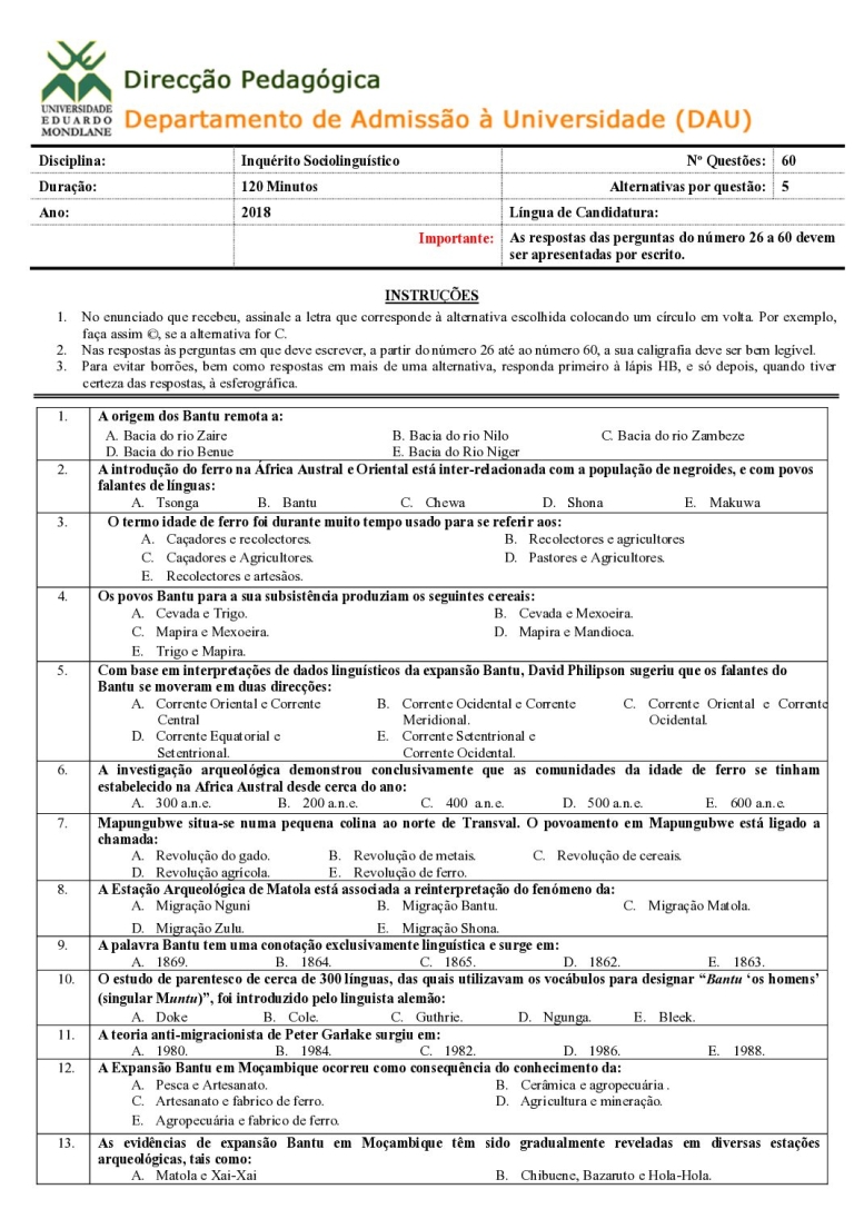 Inquérito Sociolinguístico UEM 2018 (Enunciado)