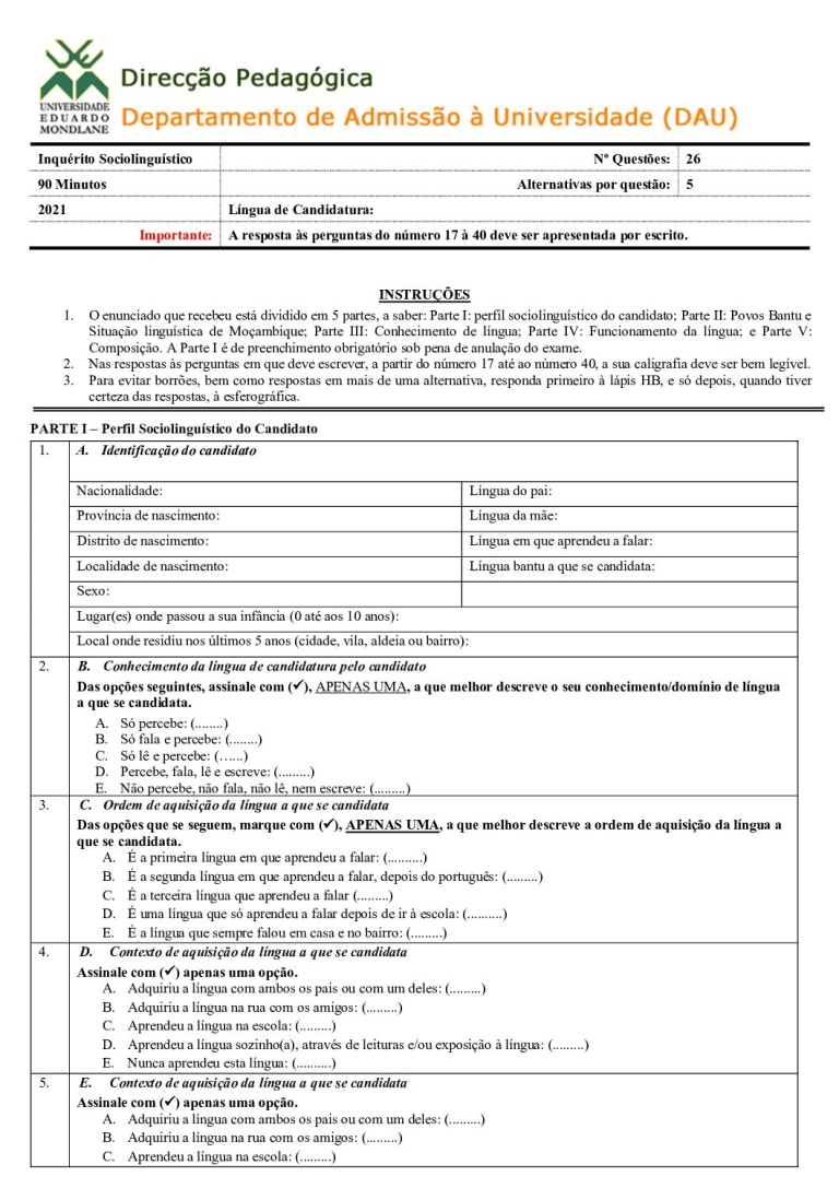 Inquérito Sociolinguístico UEM 2021 (Enunciado)