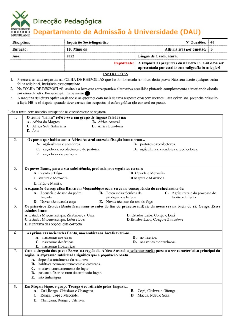 Inquérito Sociolinguístico UEM 2022 (Enunciado)