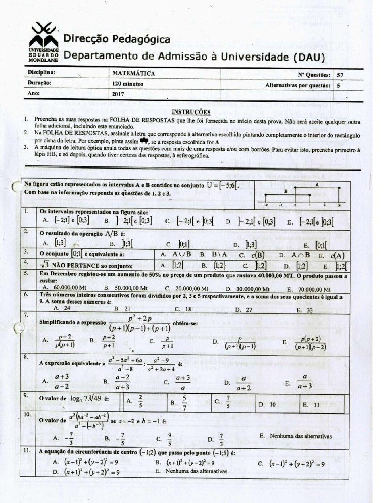 Matemática 1 UEM 2017 (Enunciado e Resolução)