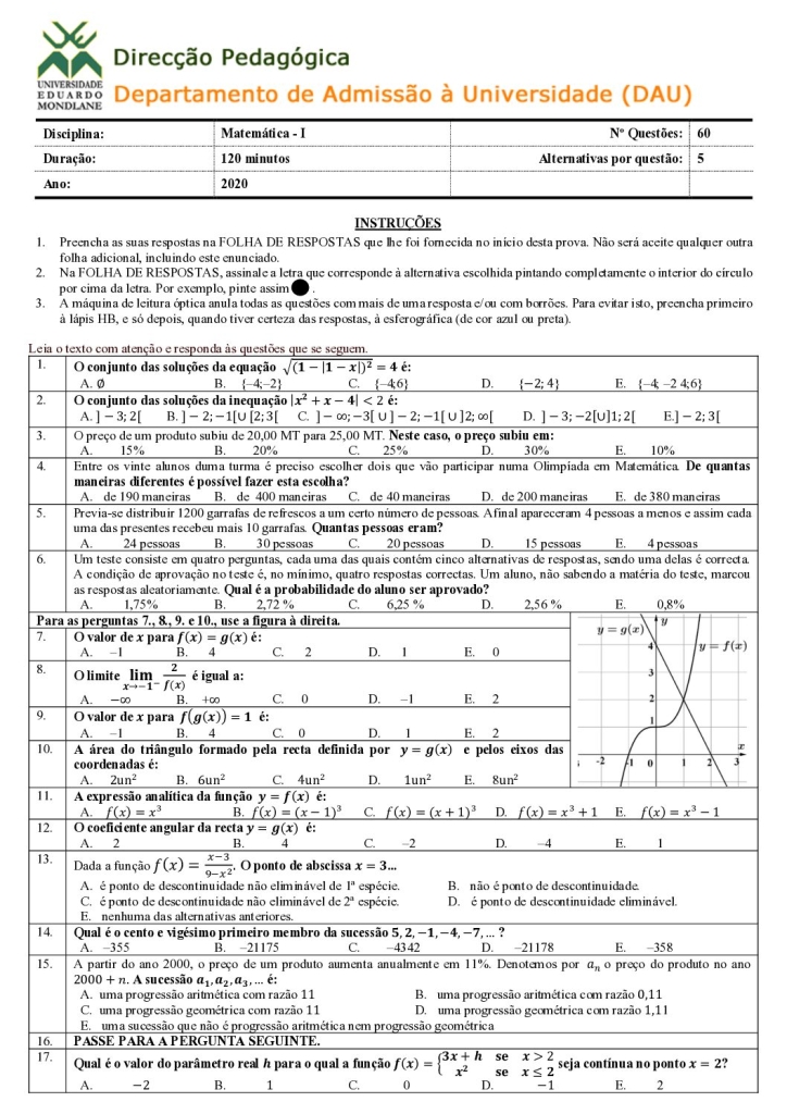 Capa de Matemática 1 UEM 2020 (Enunciado e Resolução)