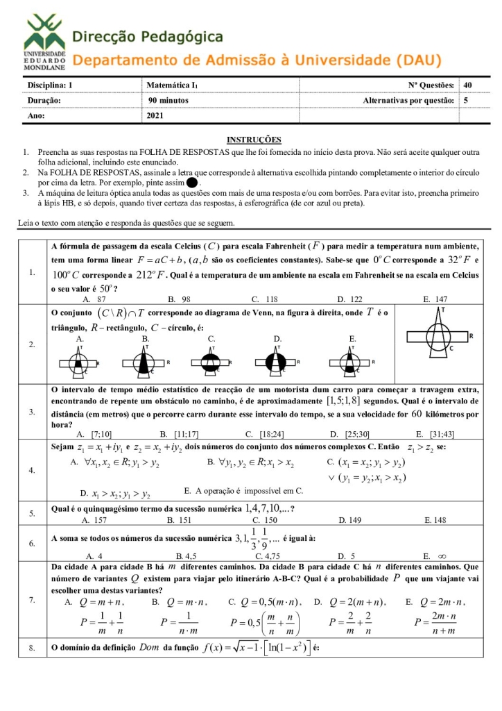 Capa de Matemática 1 UEM 2021 (Enunciado e Resolução)