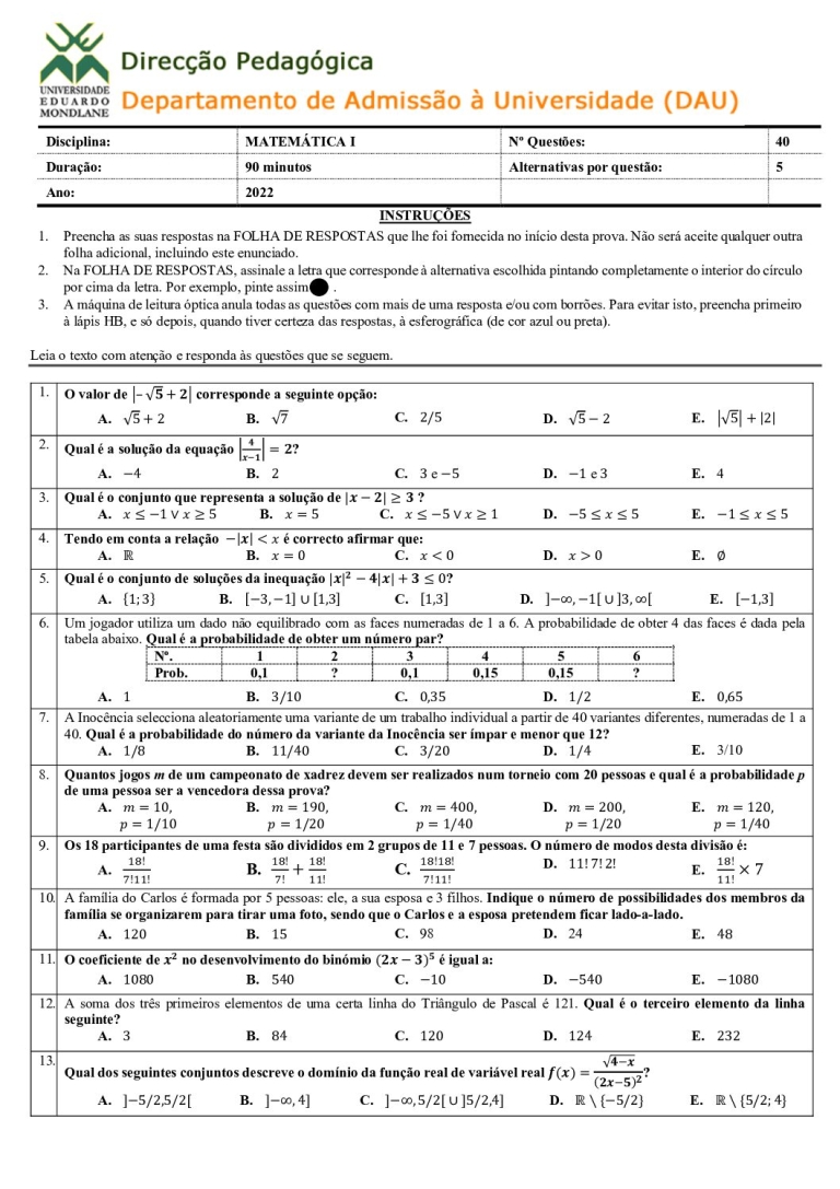Matemática 1 UEM 2022 (Enunciado e Resolução)