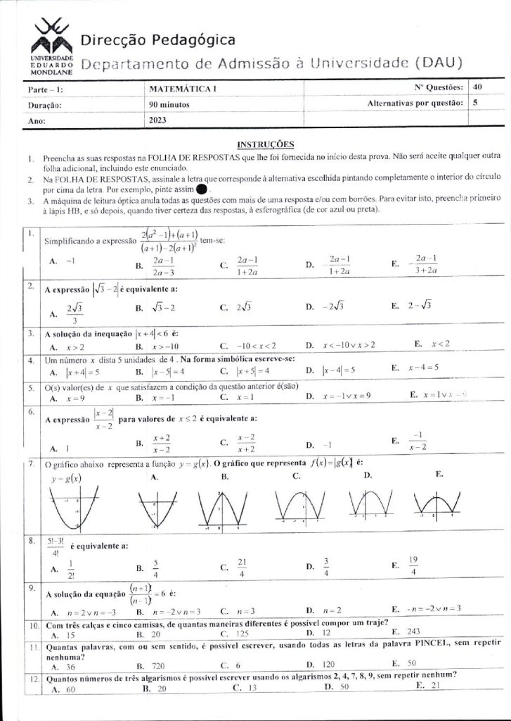 Capa de Matemática 1 UEM 2023 (Enunciado e Resolução)