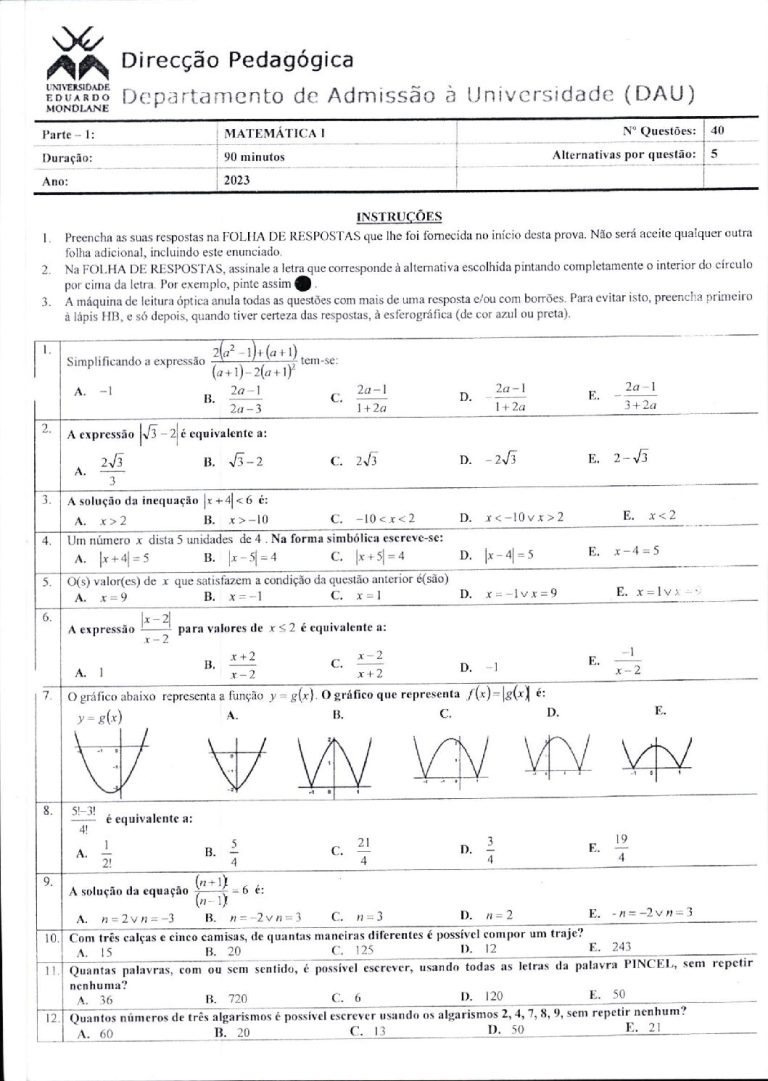Matemática 1 UEM 2023 (Enunciado e Resolução)
