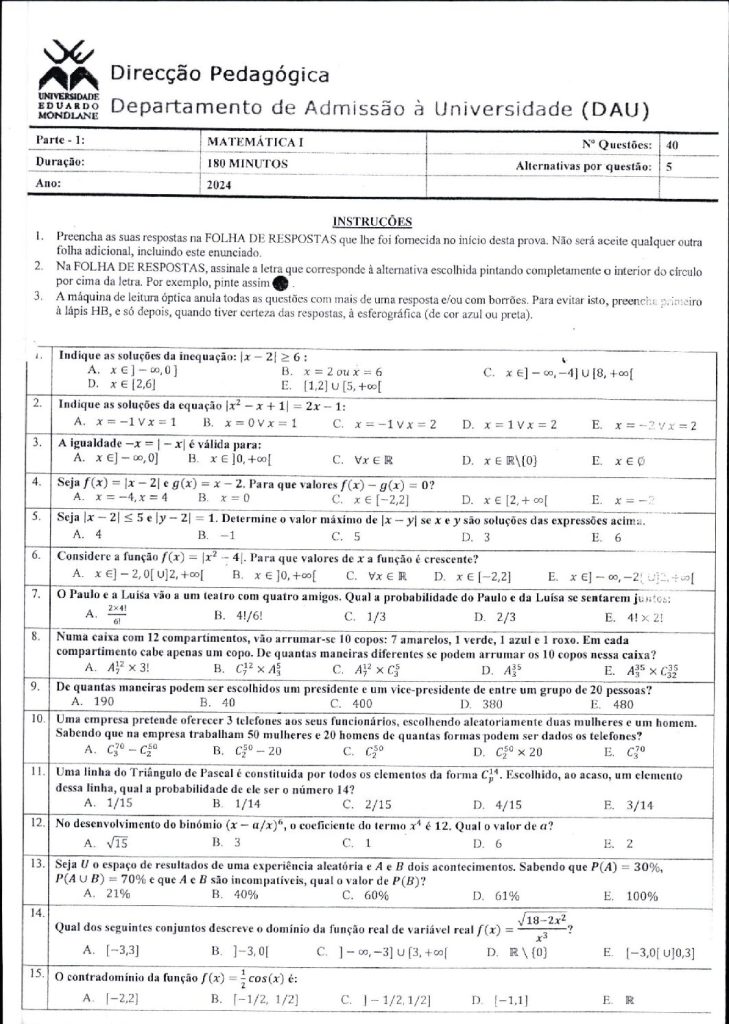 Capa de Matemática 1 UEM 2024 (Enunciado e Resolução)