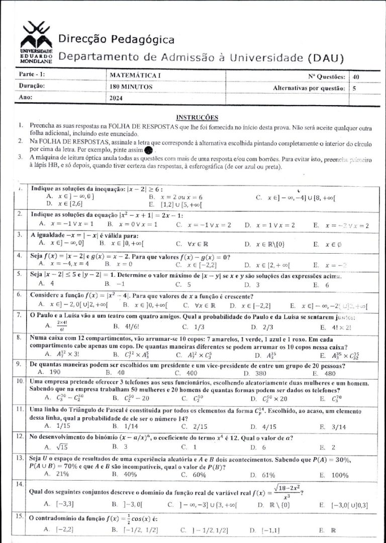 Matemática 1 UEM 2024 (Enunciado e Resolução)