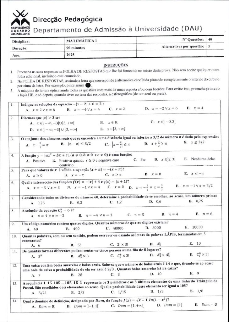 Capa de Matemática 1 UEM 2025 (Enunciado)