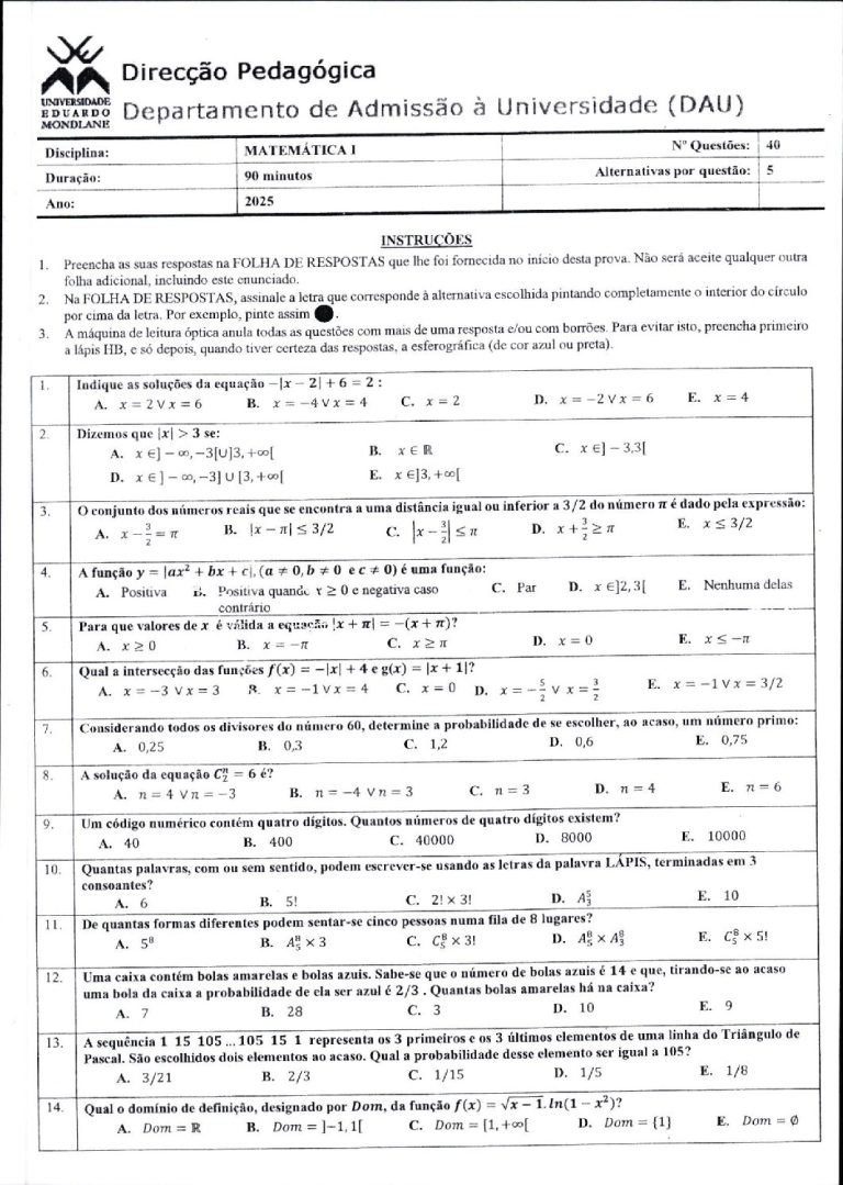 Matemática 1 UEM 2025 (Enunciado)