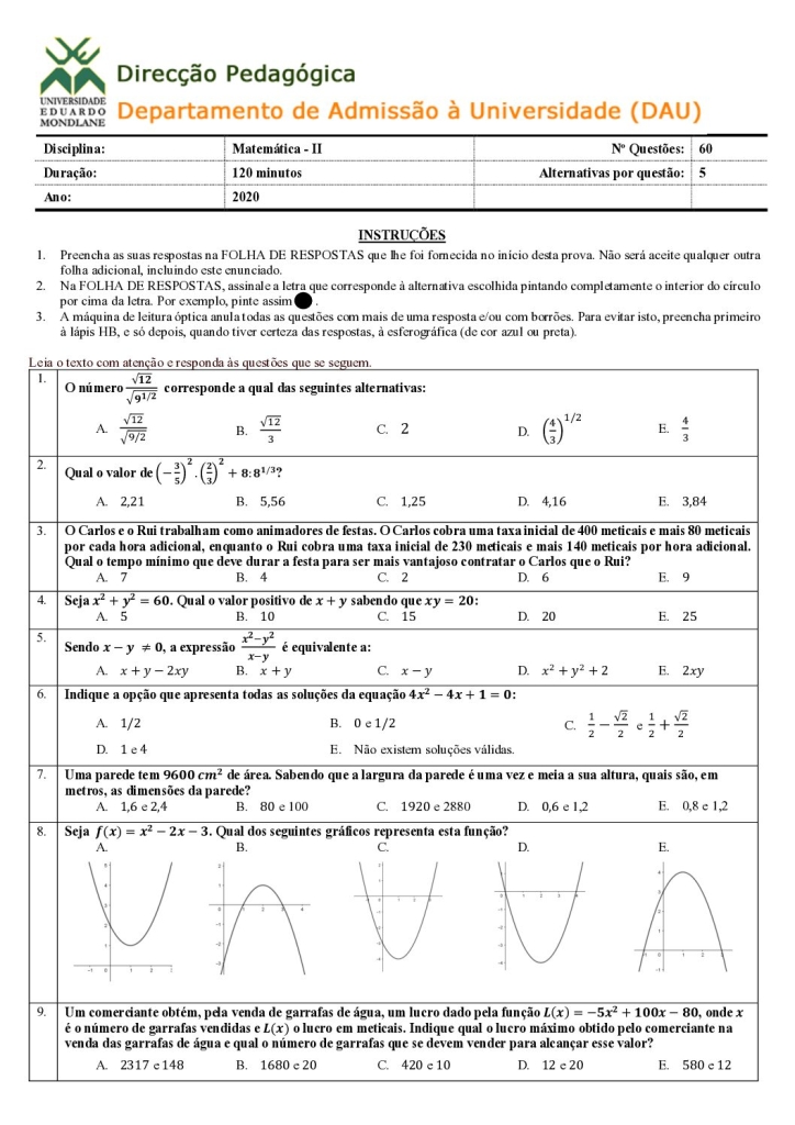 Capa de Matemática 2 UEM 2020 (Enunciado e Resolução)