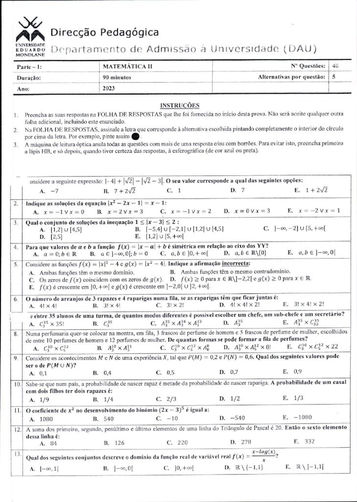 Capa de Matemática 2 UEM 2023 (Enunciado e Resolução)