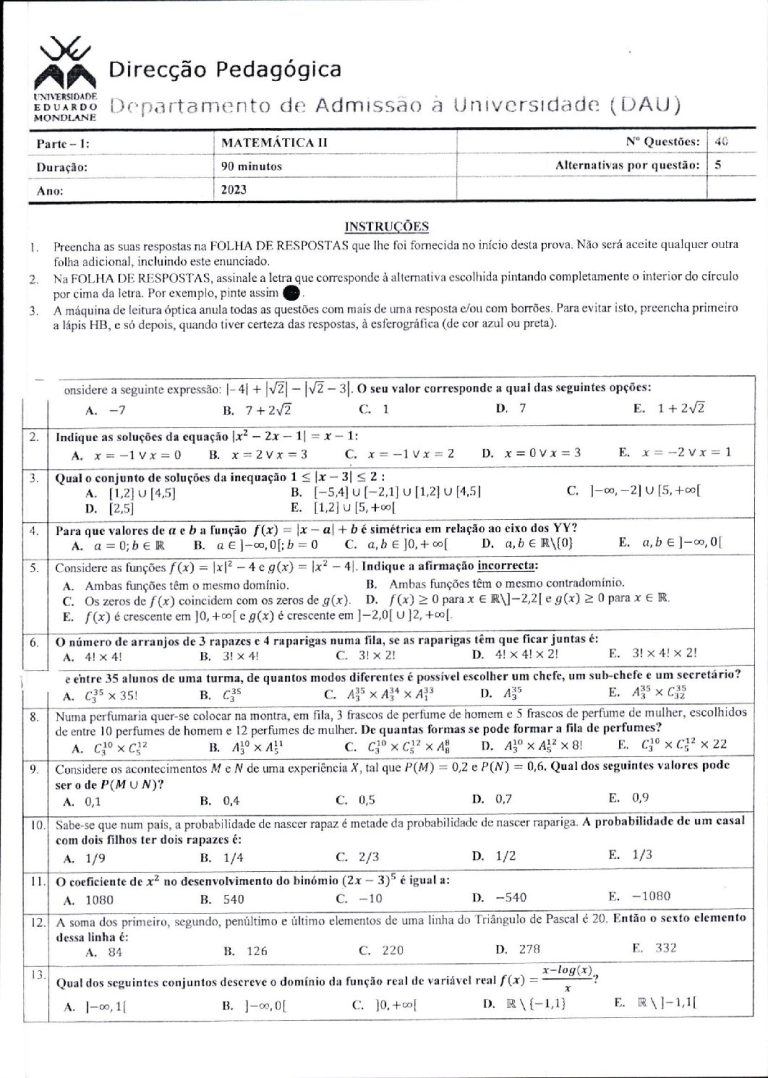 Matemática 2 UEM 2023 (Enunciado e Resolução)