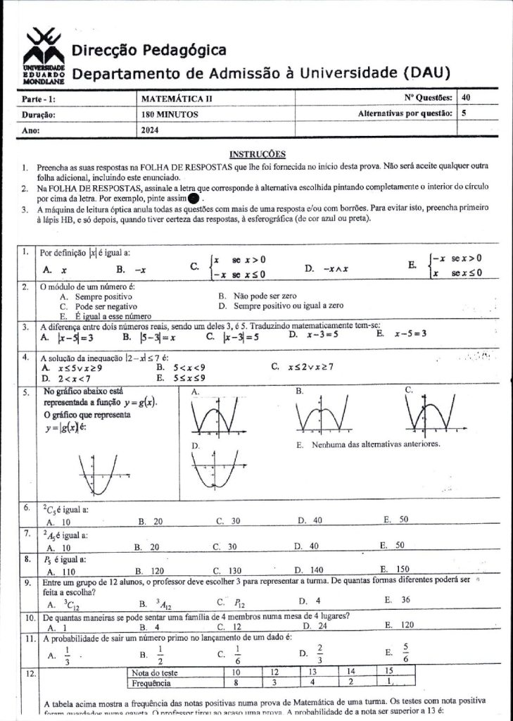 Capa de Matemática 2 UEM 2024 (Enunciado)