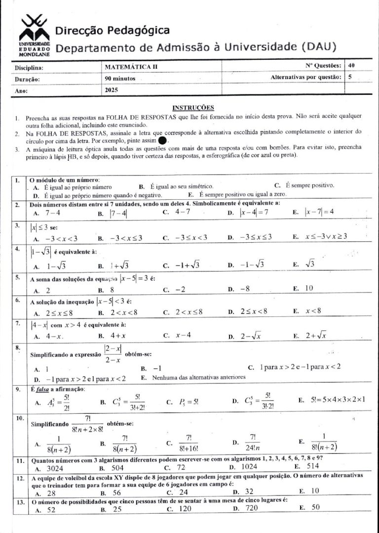 Matemática 2 UEM 2025 (Enunciado e Resolução)