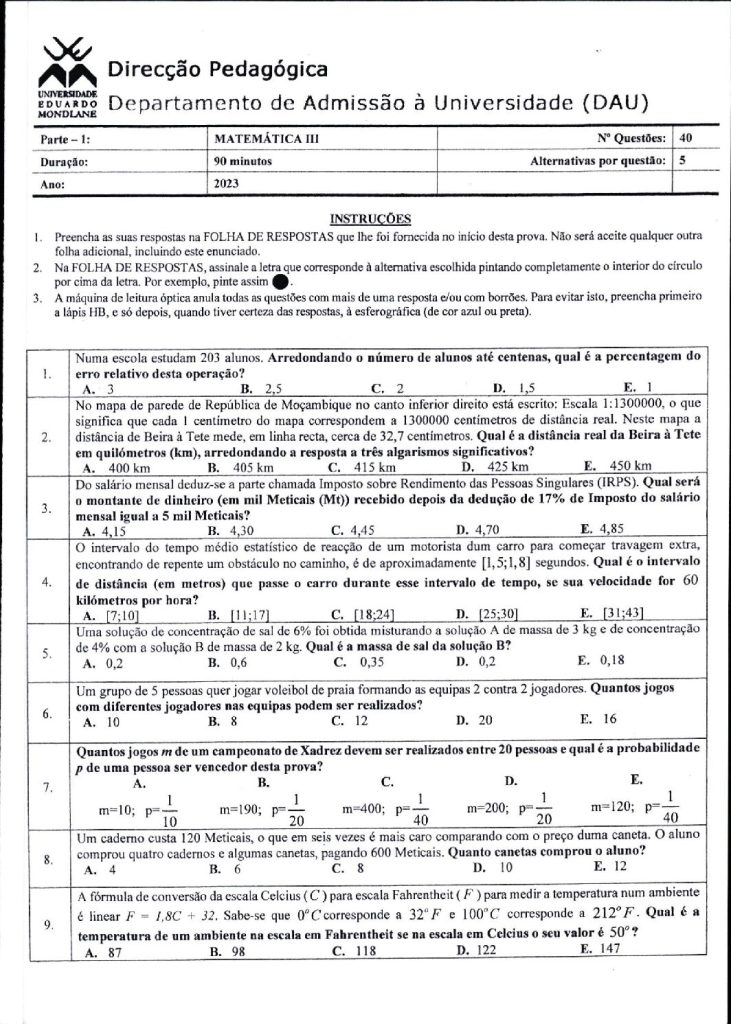 Capa de Matemática 3 UEM 2023 (Enunciado e Resolução)