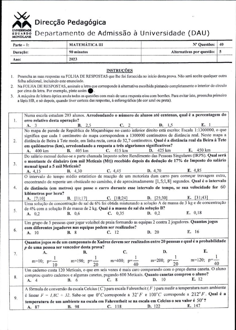 Matemática 3 UEM 2023 (Enunciado e Resolução)