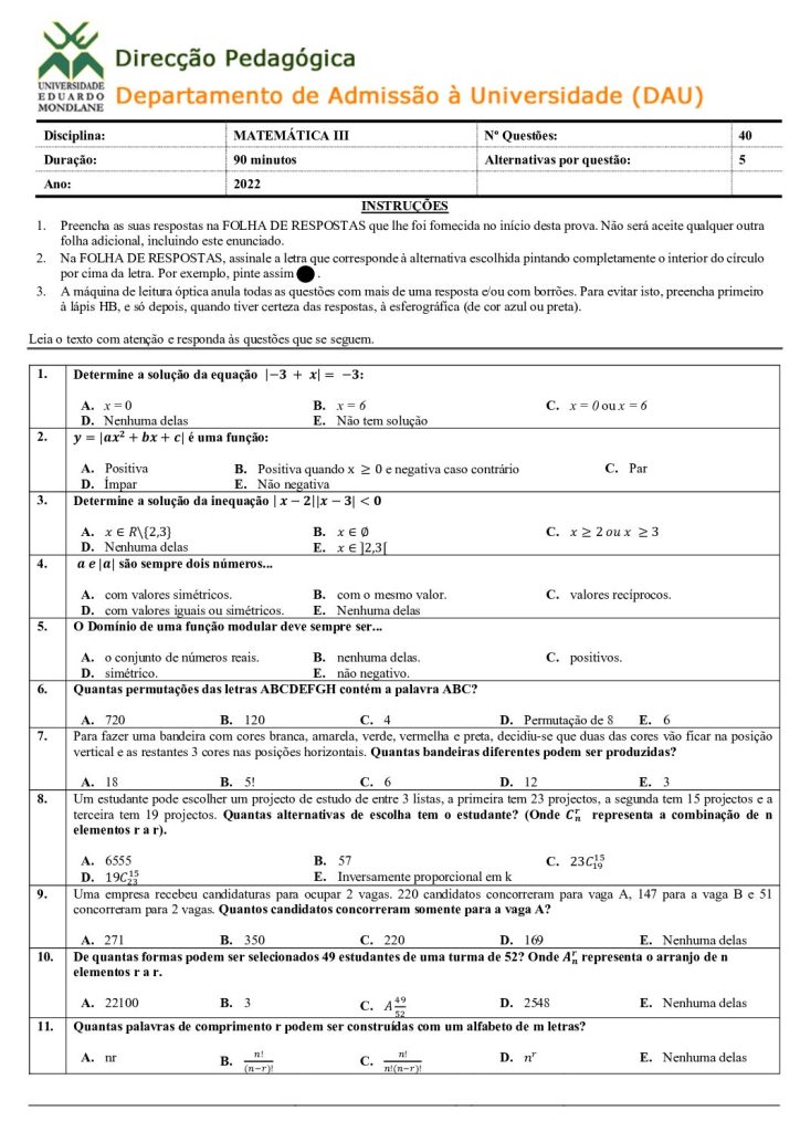Capa de Matemática 3 UEM 2024 (Enunciado)