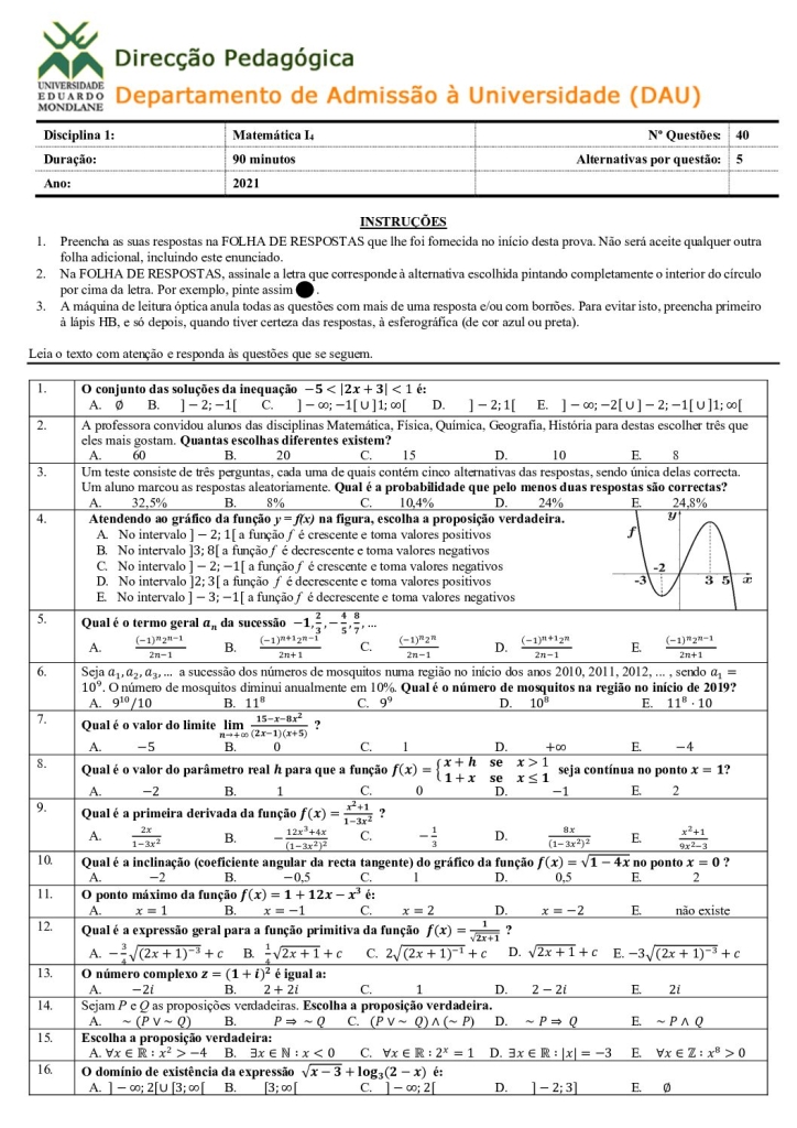 Capa de Matemática 4 UEM 2021 (Enunciado e Resolução)
