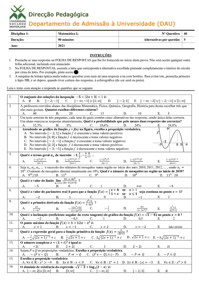 Matemática 4 UEM 2021 (Enunciado e Resolução)