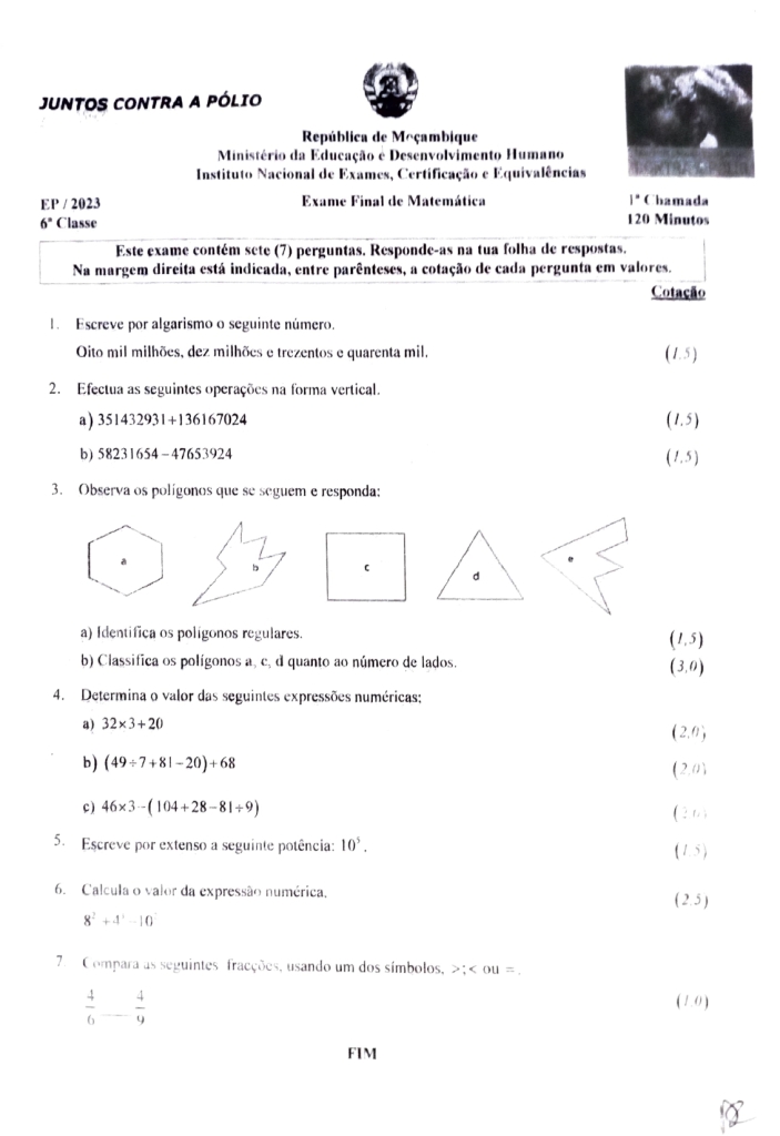 Capa de Matemática 6ª Classe 2023 – 1ª Chamada