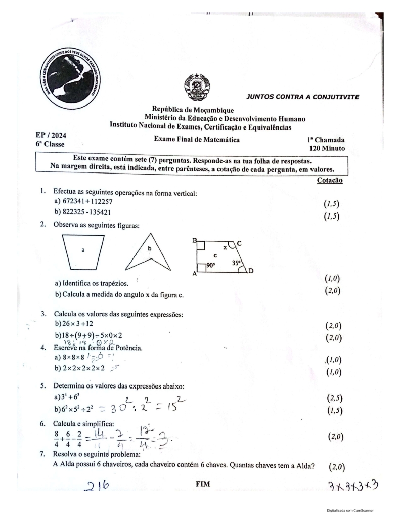 Capa de Matemática 6ª Classe 2024 – 1ª Chamada