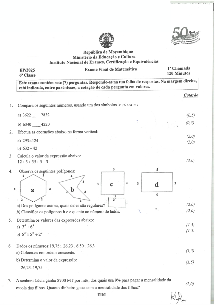 Capa de Matemática 6ª Classe 2025 – 1ª Chamada