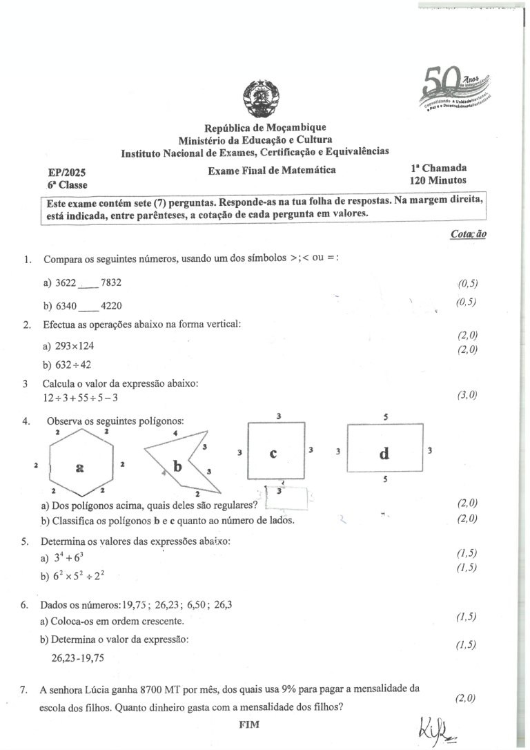 Matemática 6ª Classe 2025 – 1ª Chamada