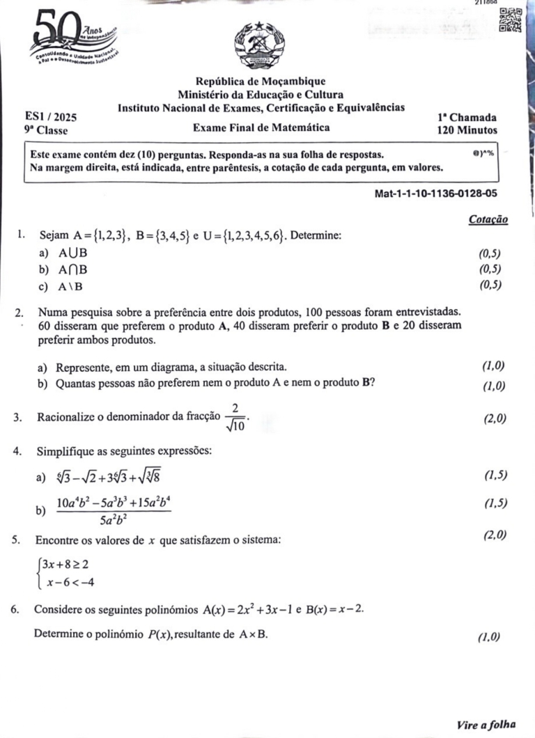 Matemática 9ª Classe 2025 – 1ª Chamada