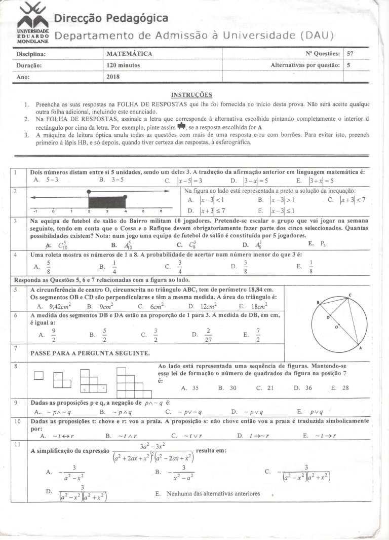 Matemática UEM 2018 (Enunciado e Resolução)