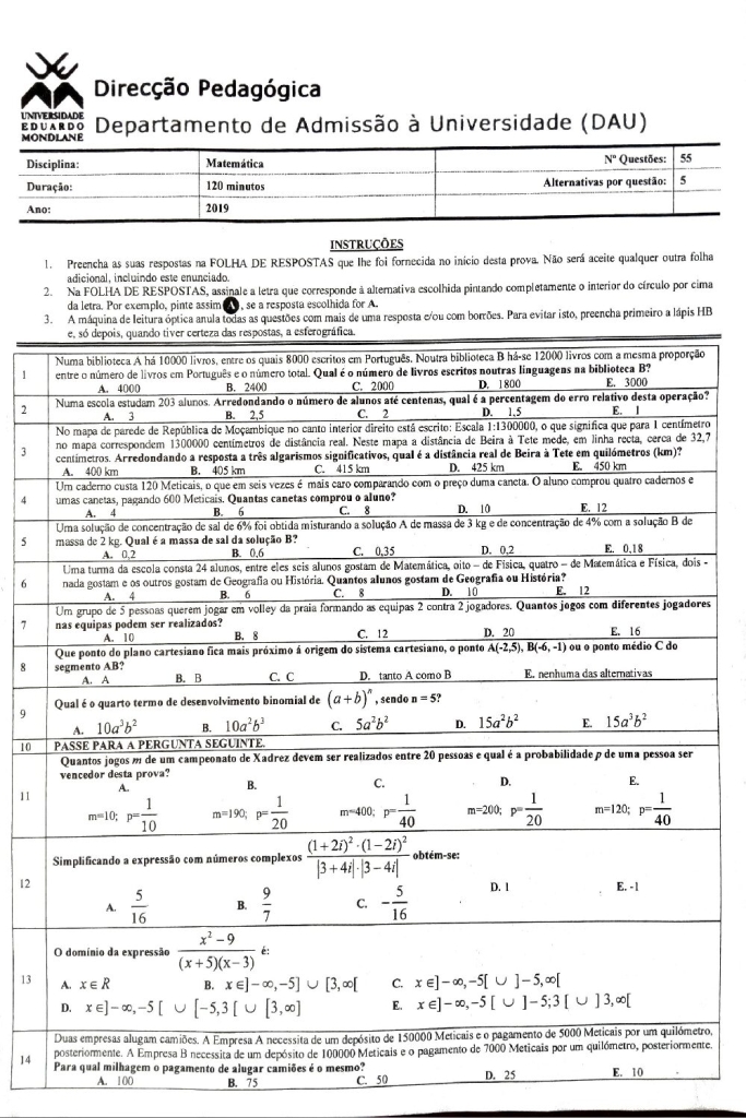 Capa de Matemática UEM 2019 (Enunciado e Resolução)