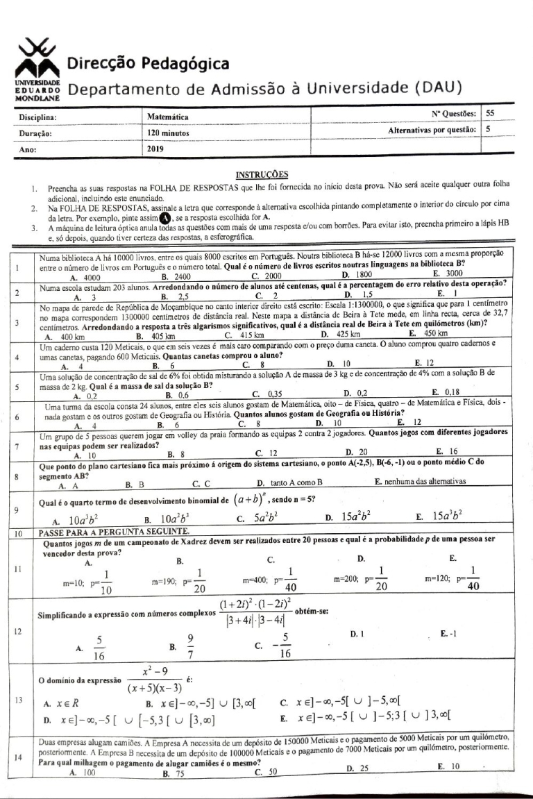 Matemática UEM 2019 (Enunciado e Resolução)
