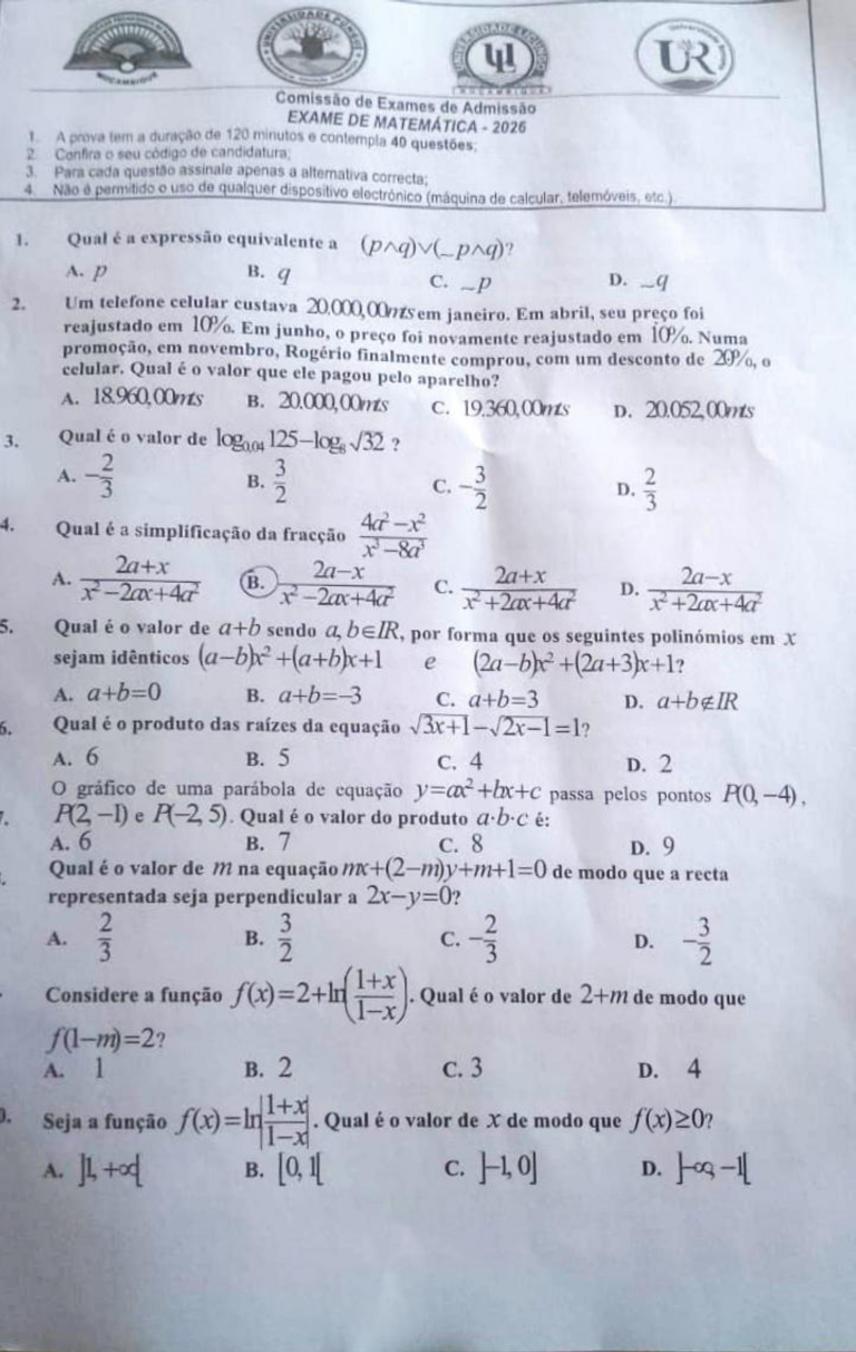 Matemática UP 2026 (Enunciado)