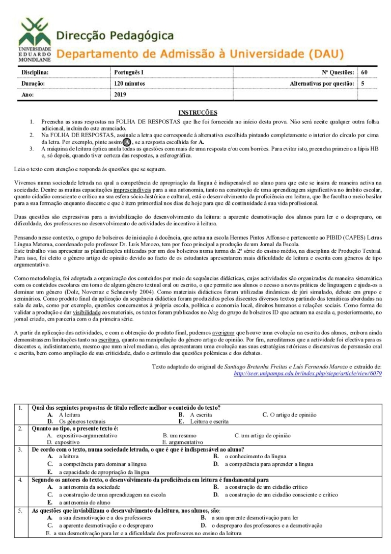 Português 1 UEM 2019 (Enunciado)
