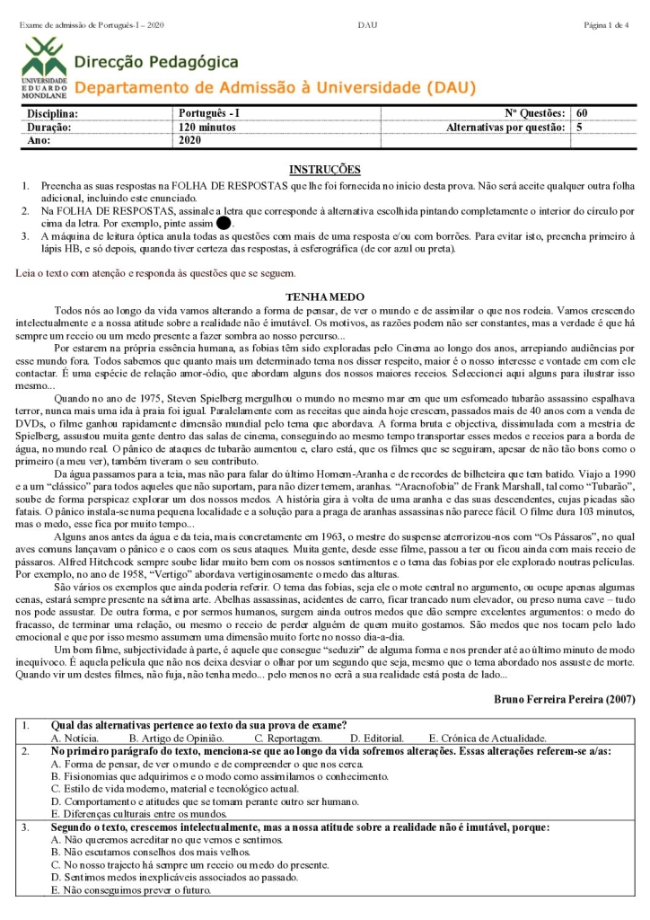 Capa de Português 1 UEM 2020 (Enunciado)