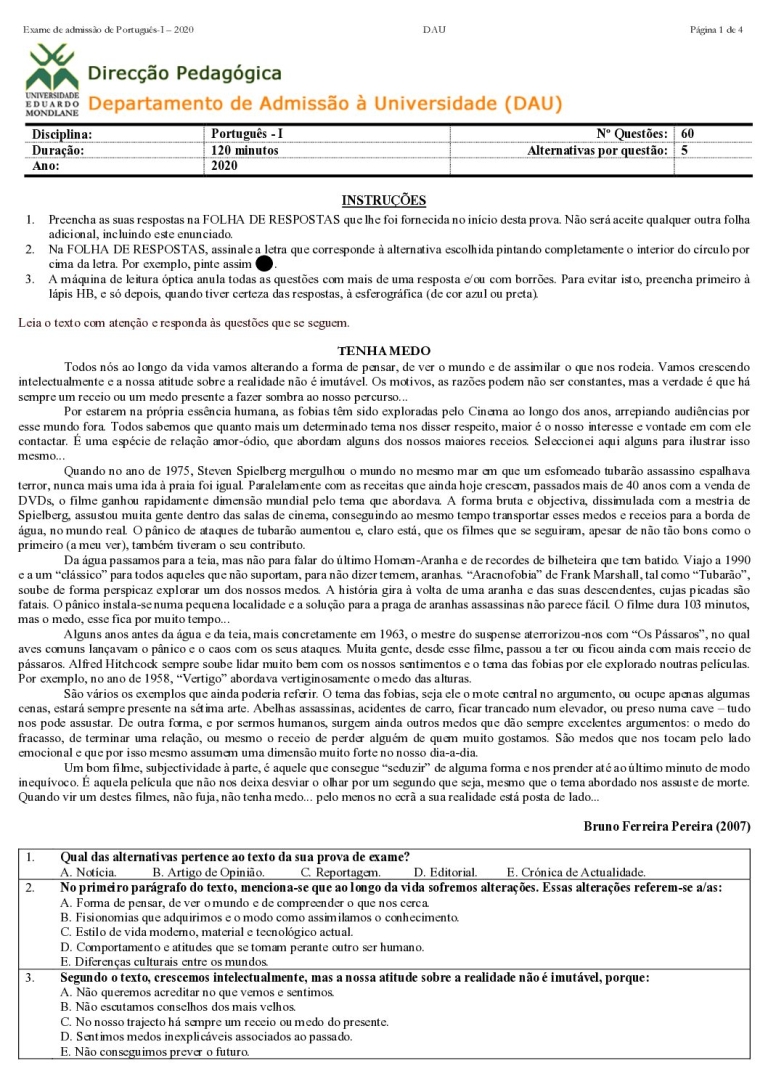 Português 1 UEM 2020 (Enunciado)