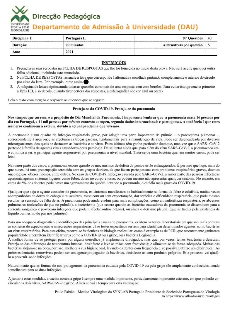 Português 1 UEM 2021 (Enunciado)