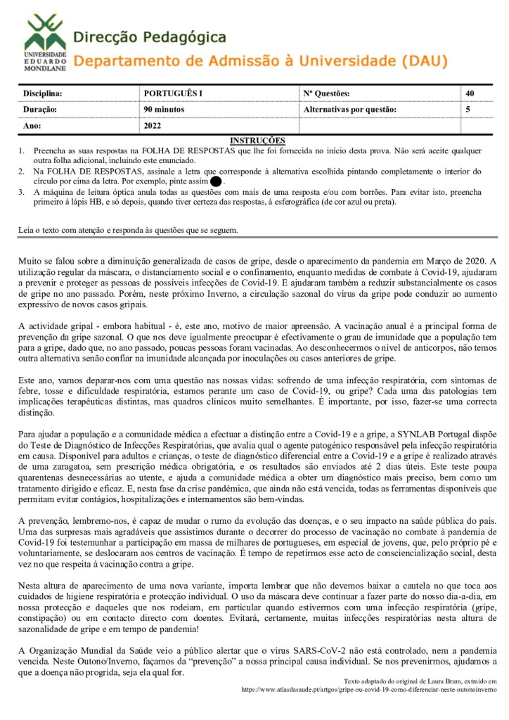 Capa de Português 1 UEM 2022 (Enunciado)