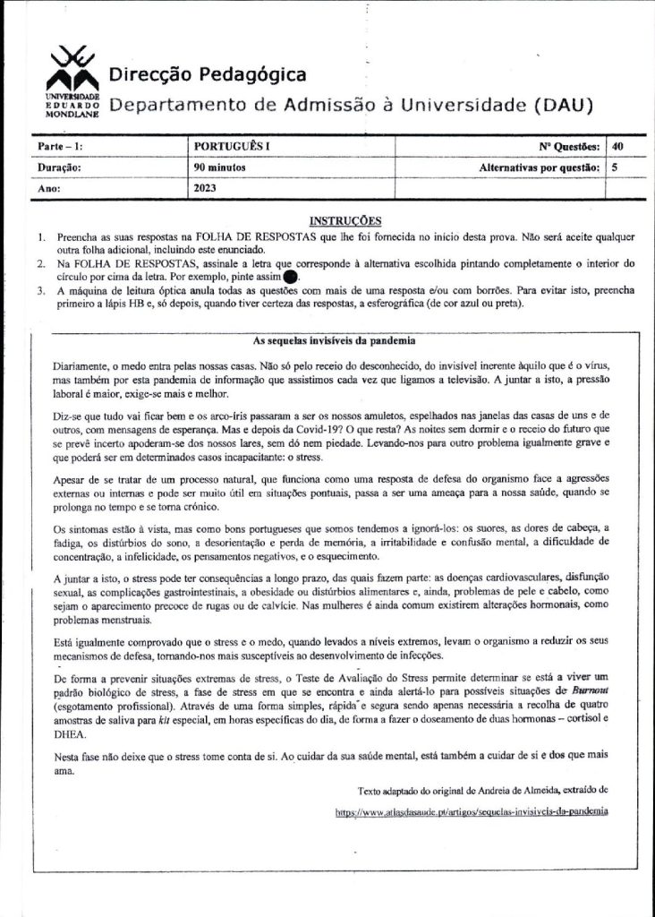 Capa de Português 1 UEM 2023 (Enunciado)