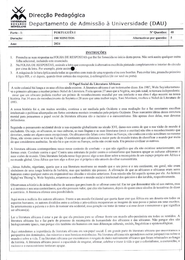 Capa de Português 1 UEM 2024 (Enunciado)