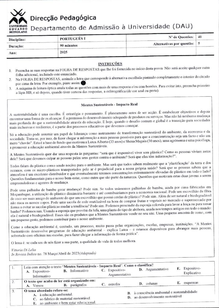 Capa de Português 1 UEM 2025 (Enunciado)