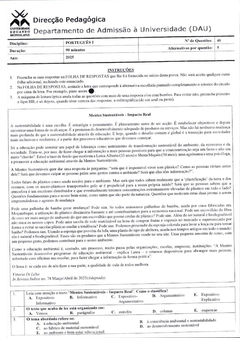 Português 1 UEM 2025 (Enunciado)