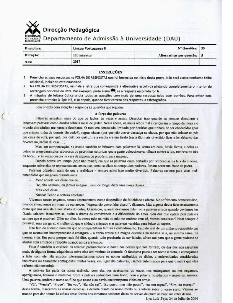 Capa de Português 2 UEM 2017 (Enunciado)