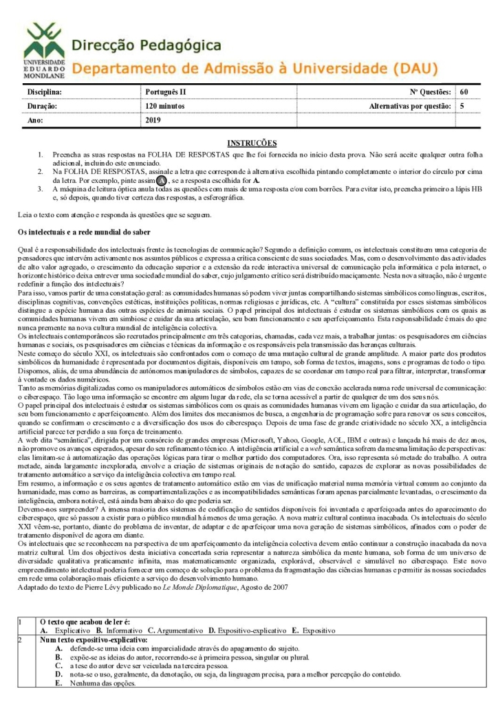 Capa de Português 2 UEM 2019 (Enunciado)